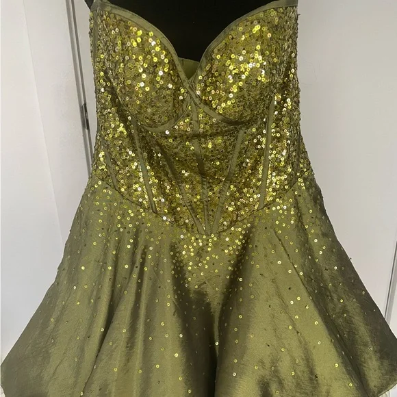 slim fit dress slacks Olive Green Sequin Lace Long Sleeve Midi Dress main image 1